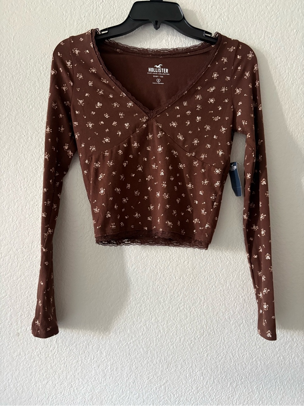 Hollister Brown Floral V-Neck Long-Sleeve Crop Top